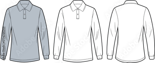 Long sleeve polo shirt front and back technical flat sketch, fashion vector design with collar, cad drawing flat vector illustration