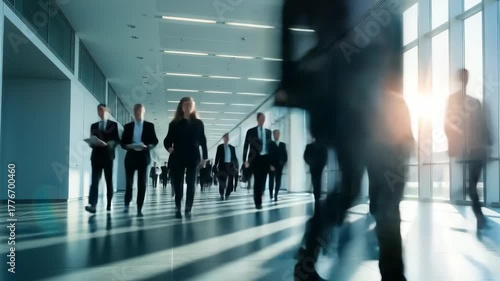 Busy professionals moving quickly through a modern sunlit corporate hallway, 4k high quality