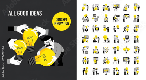 Creative concept vector illustrations showing design, art, and idea generation. Includes teamwork, brainstorming, and creative process elements for modern projects.