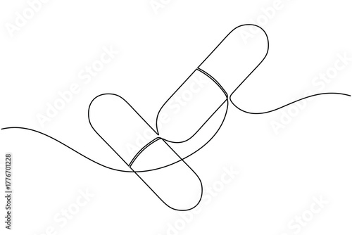 Pharmaceuticals capsule and tablets continuous one line drawing on white background minimalist medicine pill outline vector illustration