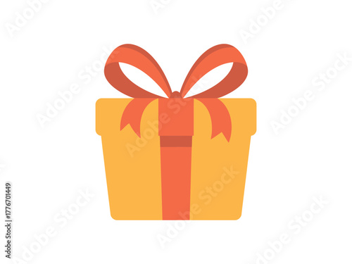 A yellow gift box with a red ribbon and bow sits on a white background.