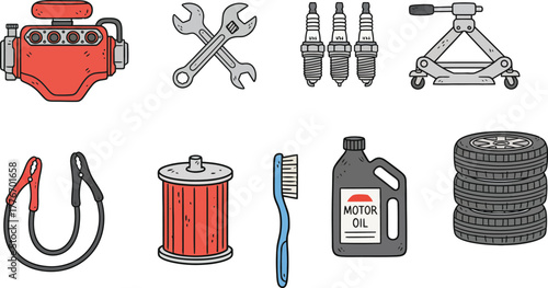 Car Repair Tools and Auto Parts Vector Icons Set — Engine, Wrench, Spark Plug, Motor Oil, Tires, Mechanic Equipment Illustration