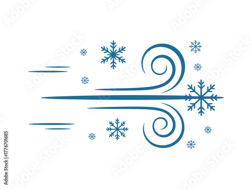 A stylized illustration depicts a strong wind blowing snowflakes across a white background.