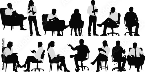 Business people silhouettes sitting and talking in office meeting, teamwork discussion concept, professional corporate communication and workplace collaboration illustration