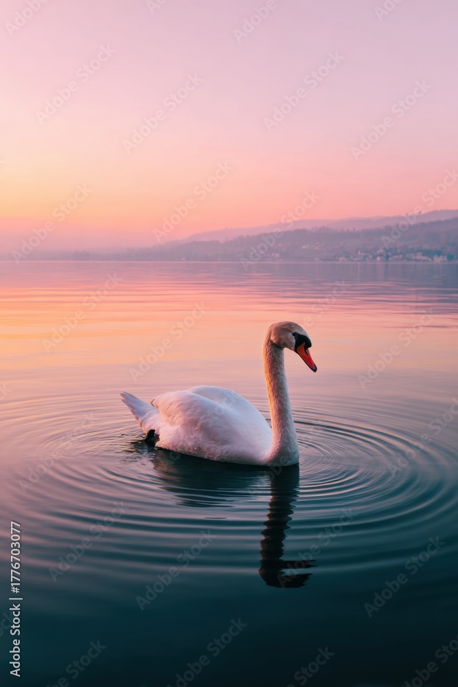 Fototapeta premium Graceful swan at sunrise on calm water