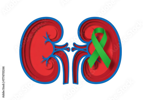 Stylized illustration of human kidneys with a green awareness ribbon, isolated on transparent background