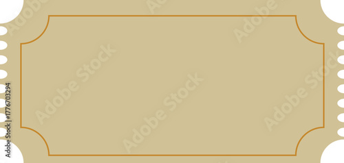 Blank beige ticket template with vintage border and perforated edges. Retro admission coupon design for events, cinema, concerts, and invitations. Editable layout for print and digital projects.