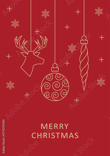Red merry christmas card vector poster, xmas ornaments snowflakes holiday greeting.