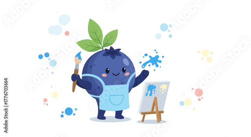 A Blueberry Artist, Painting A Masterpiece, Colorful, Cheerful, Adorable Illustration