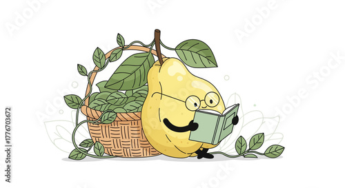 A Bookish Pear Reads Beside a Basket of Greenery and Embraces the Joy of Knowledge