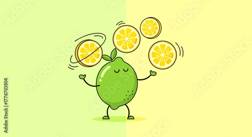 A Cheerful Citrus Lime Personage Delightfully Juggling Sliced Lemon Fruits with Ease and Style