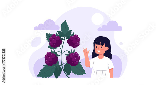 A Cheerful Girl Waving Near Blackberry Bushes In An Illustrative And Delightful Scene