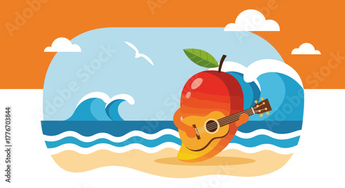 A Cheerful Mango Character Plays Guitar by the Ocean During a Sunny Afternoon