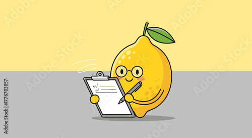 A Cheerful Lemon Character Employed in Research, Smiling and Focused on Their Work