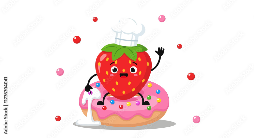 Fototapeta premium A Cheerful Strawberry Chef Character Baking, Sitting On A Delightful Pink Doughnut