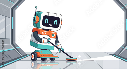 A Cheerful Robot Embraces Domesticity Within a Clean Futuristic Interior Scene