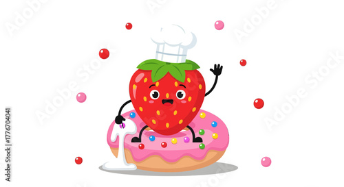 A Cheerful Strawberry Chef Character Baking, Sitting On A Delightful Pink Doughnut