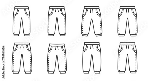 Simple line drawing of eight pairs of casual pants or shorts