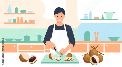 A Person Is Cutting Longan In The Kitchen Preparing Tasty Fruits For Meal