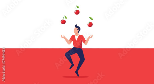 A Person Juggling Cherries Under a Two-Tone Background with Playful and Dynamic Movement