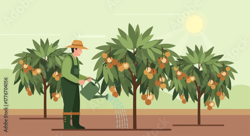 A Person Is Watering The Fruiting Trees Under The Sun And Taking Care Of The Orchard
