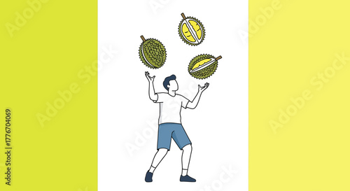 A Person Juggling Delicious Durian Fruits in a Playful and Colorful Illustration