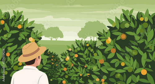 A Farmer Surveys A Lush Citrus Grove Filled With Bright Oranges On A Sunny Day