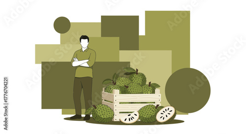 A Farmer With Arms Crossed Standing Near Soursop Fruit Inside Wooden Crate