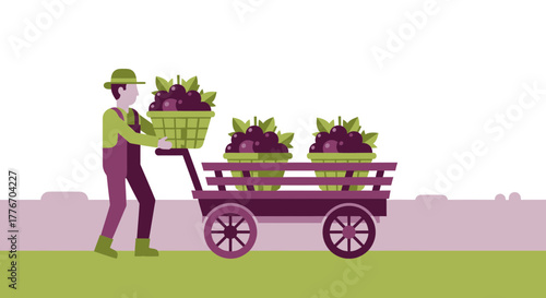 A Farmer With Harvested Fruits Carries Cart Full Of Berries With Green Leaves