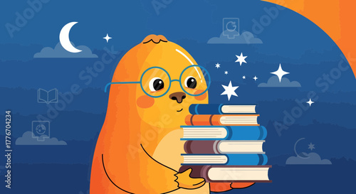 A Friendly Creature Wearing Glasses Holds a Pile of Books Under a Starry Night Sky