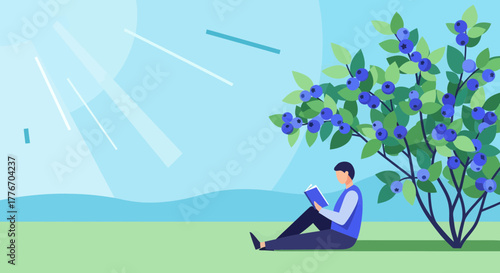 A Person Reads Under A Blueberry Bush Enjoying The Beautiful Sunny Day