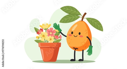 A Friendly Fruit Mascot Gardening With Blossoming Colorful Blooms in Pots