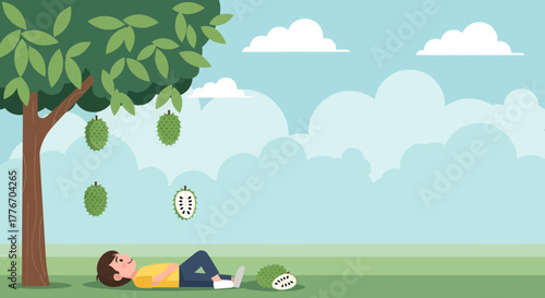 A Person Relaxing Under A Tree Filled With Tropical Soursop Fruits And A Cloudy Sky