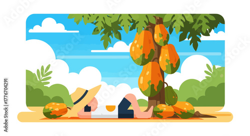 A Person Resting Under a Lush Papaya Tree on a Sunny Day for Rest and Relaxation