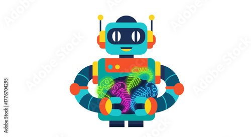 A Friendly Robot With Prehistoric Creatures Displaying High-Tech and Animated Design