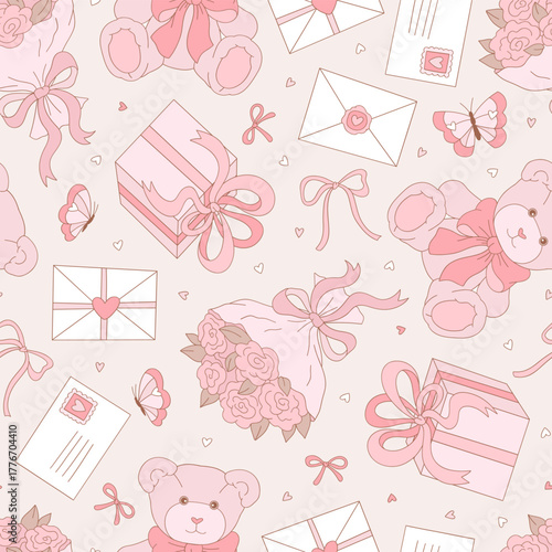 Retro Romantic Coquette Soft Pink Gift Teddy Bear Love Letter Rose Bouquet Seamless Pattern, Girlish Vintage Valentine Day Background for Textile and Wrapping Paper