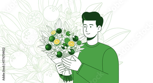 A Person With a Bouquet of Citrus Fruits, a Fresh and Green Illustrated Concept