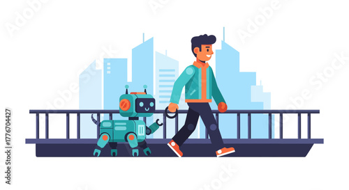 A Person With His Robotic Dog Strolling Along A City Bridge With Modern Skyline View