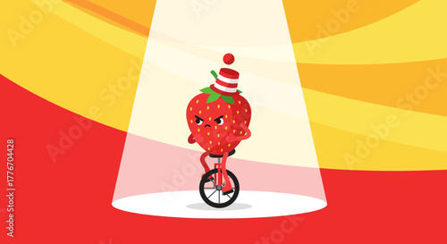 A Grumpy Strawberry Character Riding A Unicycle Under The Spotlight In A Circus