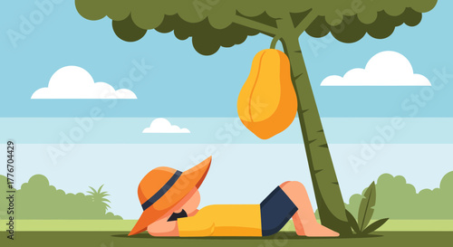 A Kid Relaxing Peaceful Underneath a Tree on a Grassy Meadow in Summertime