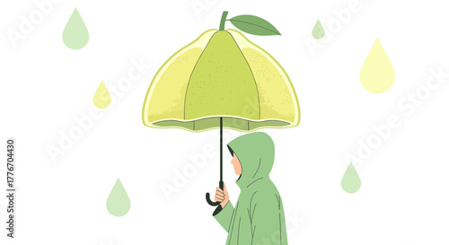 A Person with an Umbrella in the Shape of a Fruit on a Rainy Day