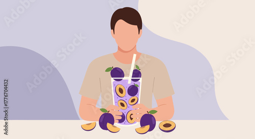 A Person With Plum Drink, Refreshment, and Healthy Lifestyle Concept Illustration