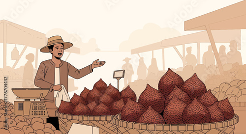 A Market Vendor Offering Sale, Fresh Salak Fruits, Asian Street Food, Vector Illustration