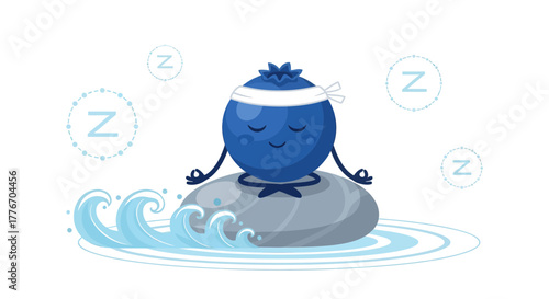 A Meditative Blueberry Character Relaxing On a Stone With Peaceful Waves and Zzz's