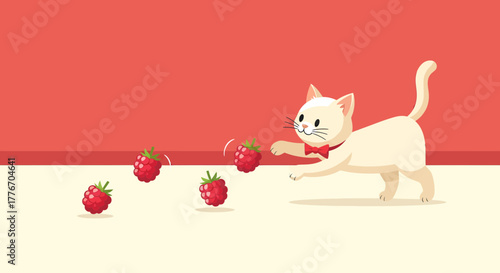 A Playful Cat Wearing a Red Bow-Tie in Pursuit of Falling Raspberries