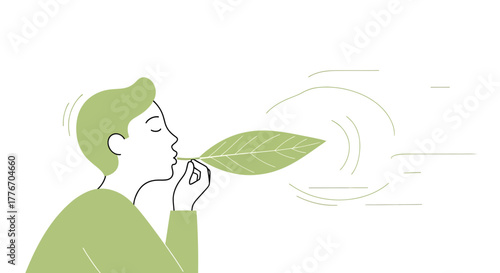 A Person Blows And Creates Wind With A Leaf In A Dreamy Minimalist Representation