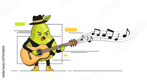 A Playful Guitarist Avocado Character Performs a Melodic Tune with Musical Notes
