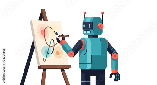 A Robotic Artist, Creating Abstract Art On A Canvas With Brush and Paintstrokes