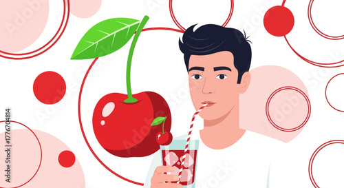 A Person Enjoying Refreshing Cherry Beverage Against Abstract Background