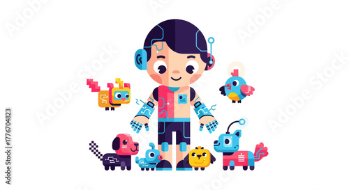 A Robotic Child With Modern Designed Animal Companions: Digital Illustration